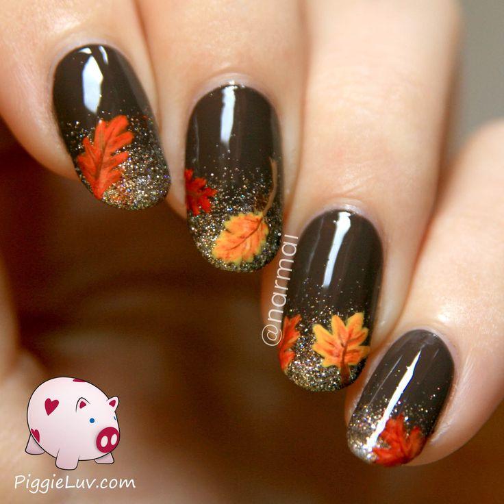 زفاف - Fall Nail Art! Autumn Leaves On Glitter Gradient