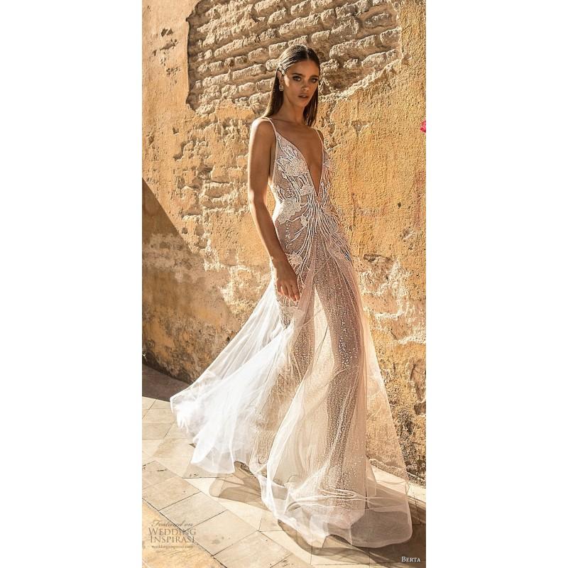 زفاف - Berta Fall/Winter 2018 Style 18-122 Sexy Lace Sweep Train White Beading Spaghetti Straps Fit & Flare Sleeveless Bridal Dress - Charming Wedding Party Dresses