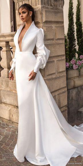 زفاف - Elihav Sasson 2018 Capsule Bridal Long Mutton Sleeves Queen Anne Plunging V Neck Simple Clean Modern Sheath Wedding Dress Keyhole Back Long Train (… 