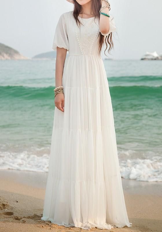 Wedding - White Lace Side Pull Round Neck High Waisted Bohemian Elegant Maxi Dress 