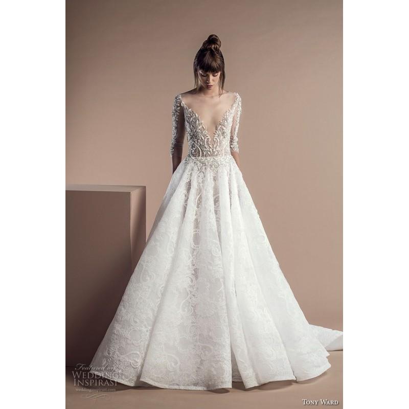 Hochzeit - Tony Ward 2018 Ivory Illusion Aline 3/4 Sleeves Chapel Train Sweet Fall Lace Beading Bridal Gown - Truer Bride - Find your dreamy wedding dress