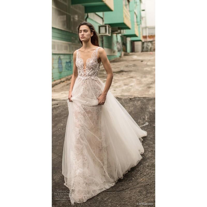 Wedding - Liz Martinez 2018 Chapel Train Champagne Open Back Sleeveless Ball Gown V-Neck Outdoor Beading Spring Lace Wedding Dress - Customize Your Prom Dress