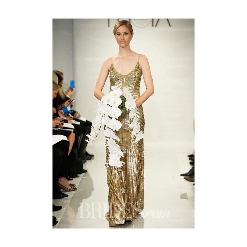 Wedding - Theia - Fall 2014 - Gloria Gold Sequin Sheath Wedding Dress with V-Neck and Spaghetti Straps - Stunning Cheap Wedding Dresses