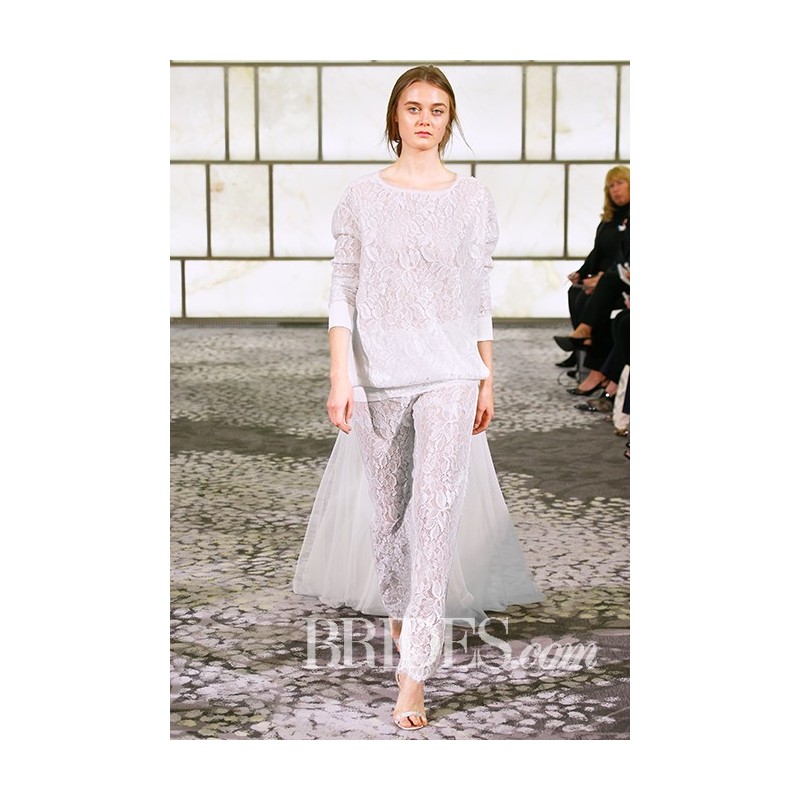 زفاف - Rivini - Fall 2015 - Sabia Scoop Neck Metallic Lace Sweatshirt with Long Sleeves Over Cigarette Pant and Tulle Train - Stunning Cheap Wedding Dresses