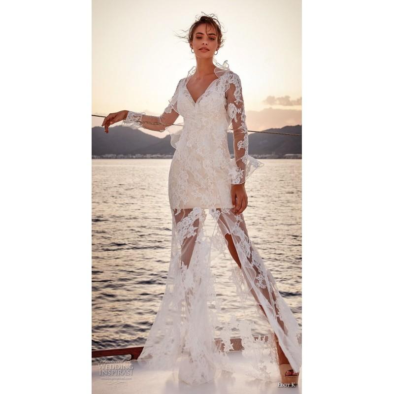 Mariage - Eddy K. 2019 Sweep Train Ivory Sexy Flare Sleeves Fit & Flare V-Neck Covered Button Lace Summer Appliques Beach Wedding Dress - Designer Party Dress & Formal Gown