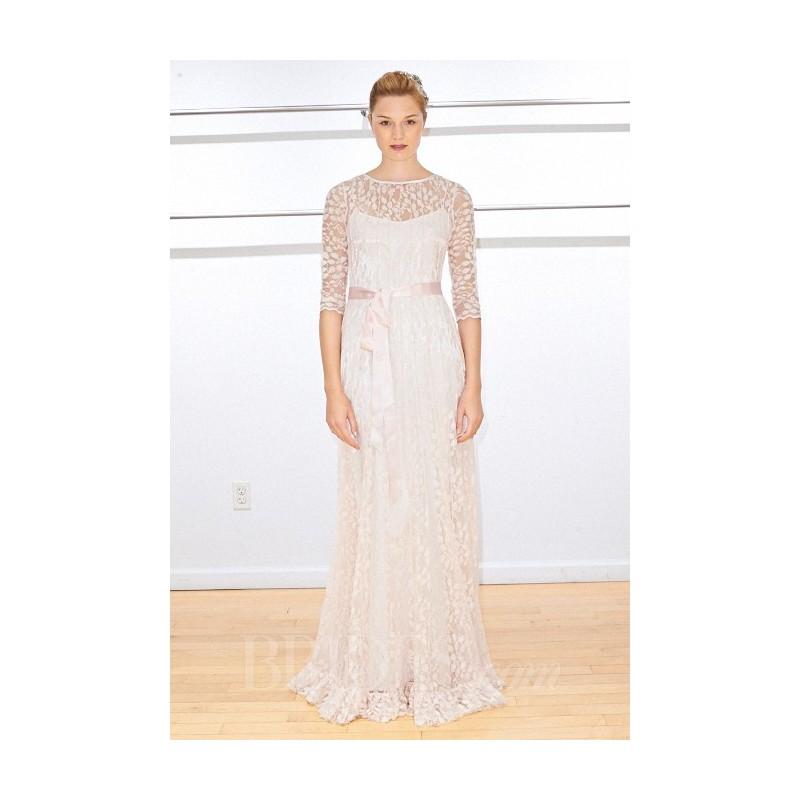 زفاف - Teri Jon - Fall 2014 - Style 27248 Blush Satin and Lace A-Line Wedding Dress with an Illusion Bateau Neckline and 3/4 Sleeves - Stunning Cheap Wedding Dresses