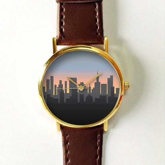 زفاف - Cityscape On Dusk Watch,Vintage Style Leather Watch, Women Watches,Unisex Watch,Boyfriend Watch,Men's Watch