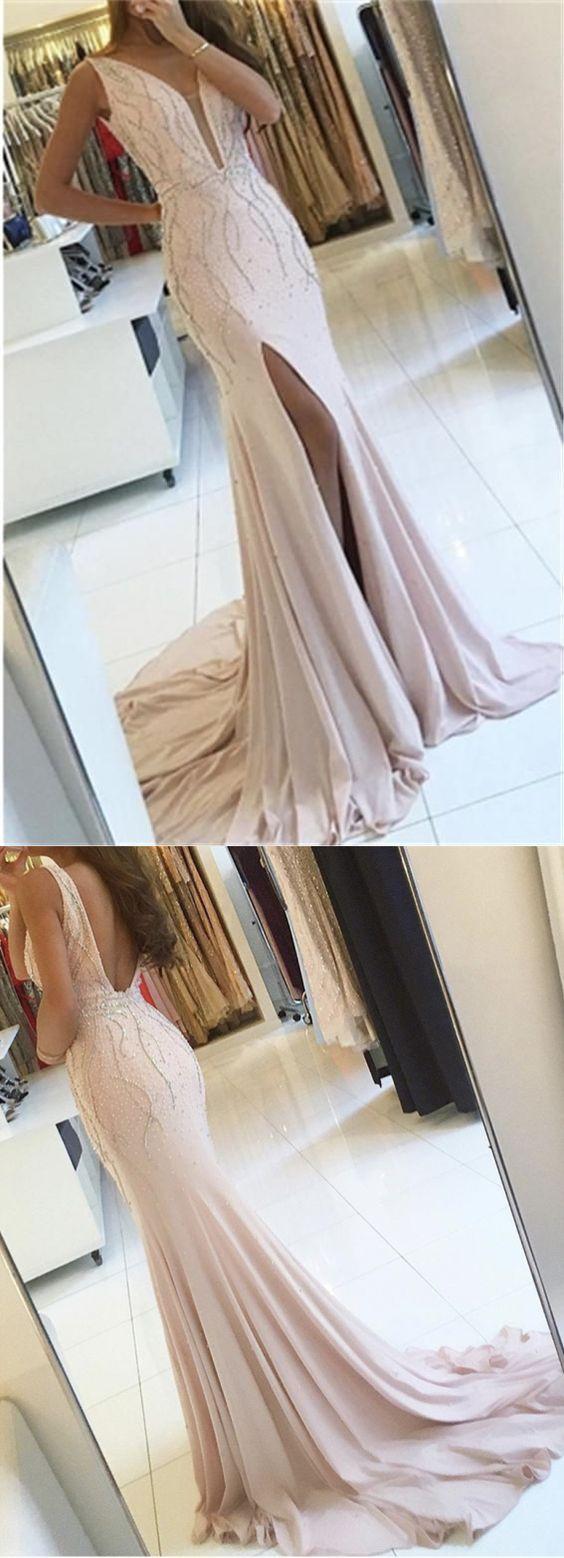 زفاف - Side Slit Sleeveless V-neck Formal Evening Gown Sweep Train Two Straps Mermaid Prom Dress 2018 H1319 From Hiprom