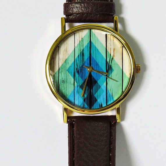 Hochzeit - Rhombus Gradient On Wood  Watch, Vintage Style Leather Watch, Women Watches, Unisex Watch, Boyfriend Watch, On Etsy, $13.14 CAD 