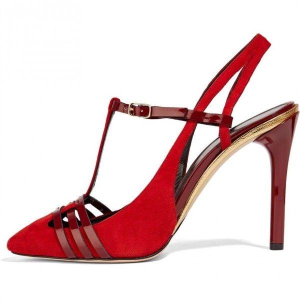 Hochzeit - Maroon And Red T Strap Slingback Stiletto Heels Sandals