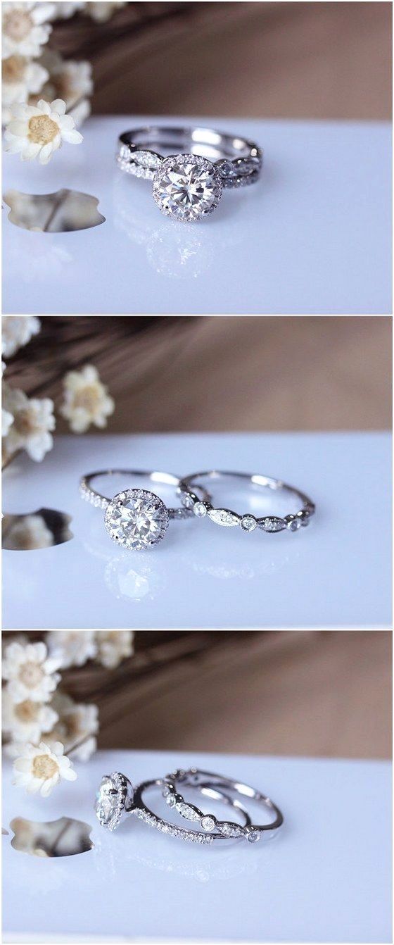 Mariage - 1ct Brilliant Moissanite Engagement Ring Set Solid 14K White Gold Wedding Ring Set Moissanite Ring Set / Http://www.deerpearlflowers.com/engagement… 