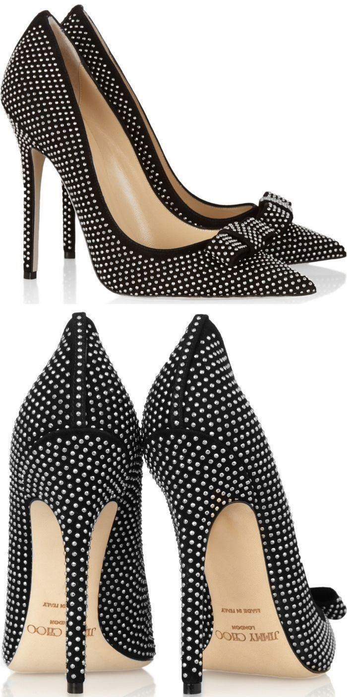 Wedding - “Maya” Pumps From Jimmy Choo Featuring Pointy Toes, All-over Mini Silver Studs, And A Bow Detail On Each Toe. 