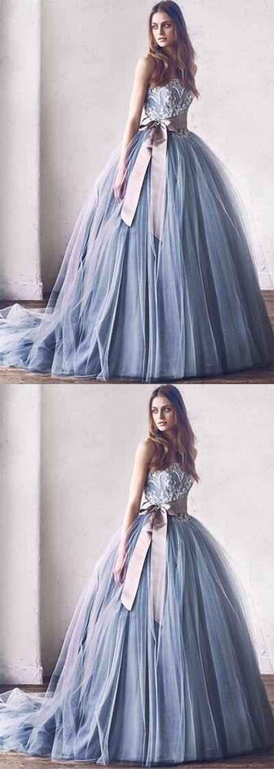 Mariage - Princess A-Line Strapless Gray Blue Tulle Ball Gown Long Prom/Evening Dress With Bowknot