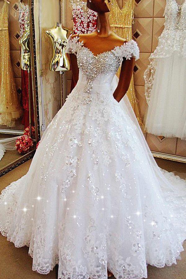 Hochzeit - Amazing Tulle Off-the-shoulder Neckline A-line Wedding Dresses With Lace Appliques