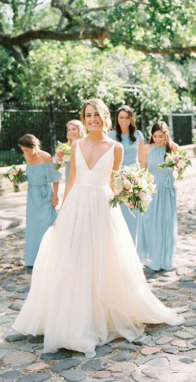 Wedding - White A Line Brush Train Deep V Neck Sleeveless Layers Wedding Dress,Beach Wedding Dress W218