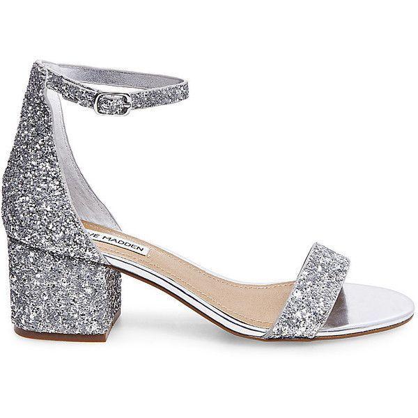 Wedding - Steve Madden Women's Irenee Heels ($80) ❤ Liked On Polyvore Featuring Shoes, Sandals, Silver Glitter, Steve Madden Footwear, Block Heel Shoes, Stra… 