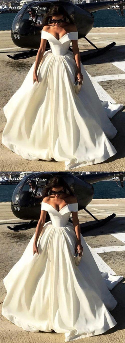 Mariage - Deep V-neck Ball Gowns Satin Wedding Dresses Off The Shoulder