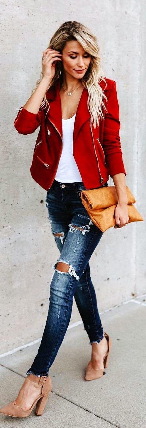 Mariage - #winter #outfits Red Zip-up Coat And Distressed Blue Fitted Jeans #winteroutfits #fitnessoutfits #fashionjewelry 