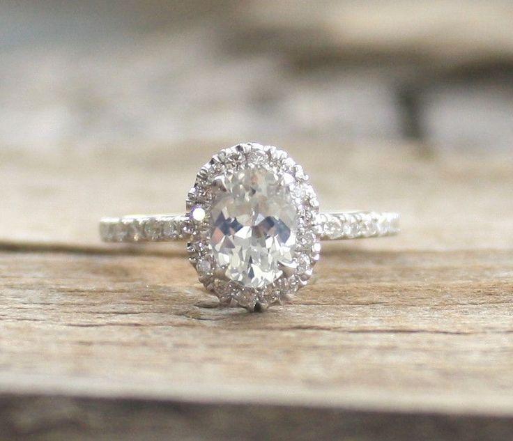 Hochzeit - Oval White Sapphire & Diamond Halo Engagement Ring In 14K White Gold