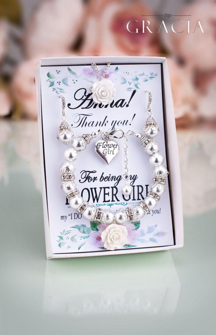 Wedding - OINONE White Ivory Pearl Flower Girl Gift - Bracelet With Flower And Crystals