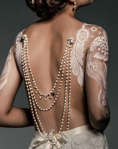 زفاف - Wedding Back Jewellery - Pearl Drapes With Vintage Silver Drops - Josephine By Kezani