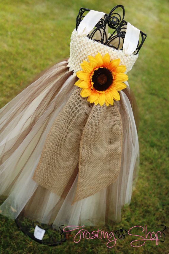 زفاف - Sunflower And Burlap Tutu Dress (brown And Ivory)- Flower Girl-VIntage