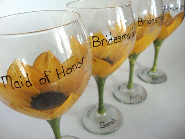 Hochzeit - Bridesmaid Sunflower Wedding Glasses