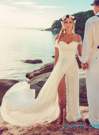 H1513 Sexy Boho Chiffon Beach Wedding Dress With Slit Skirt