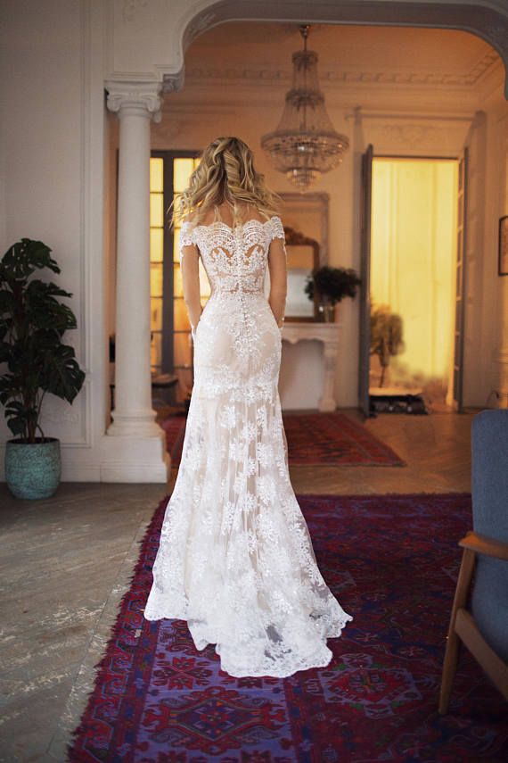 Свадьба - Detachable Train Wedding Dress Nektaria ,off The Shoulder Long Sleev Wedding Dress , Mermaid Lace Wedding Dress