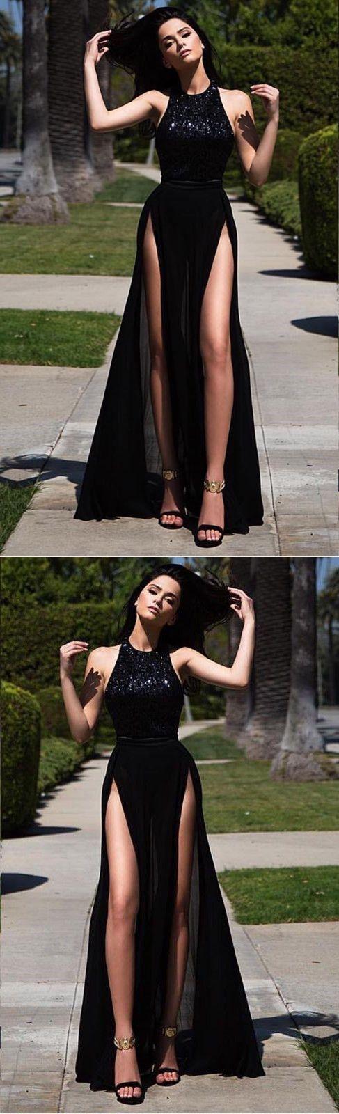 زفاف - A Line Black Prom Dress, Sexy High Slit Prom Dresses, Long Evening Dress