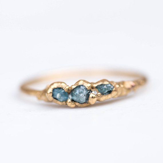 Hochzeit - Triple Raw Blue Diamond Ring, Gold Diamond Ring, Handmade Wedding Gift, April Birthstone Ring, Dainty Ring, Raw Stone Ring, Raw Crystal Ring