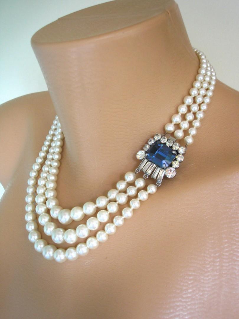 زفاف - Vintage Ivory White Pearl and Montana Sapphire Necklace