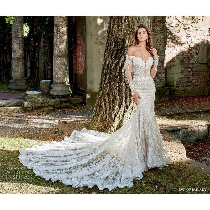 Mariage - Eve of Milady Spring/Summer Sweet Royal Train Ivory Mermaid Off-the-shoulder Long Sleeves Lace with Sash Wedding Gown - Customize Your Prom Dress
