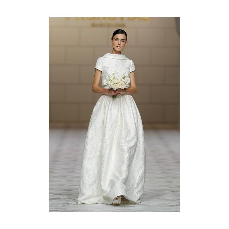 Hochzeit - Pronovias - Fall 2015 - Ceila Short Sleeve Brocade Silk Mikado A-line Bateau Neckline Wedding Dress - Stunning Cheap Wedding Dresses