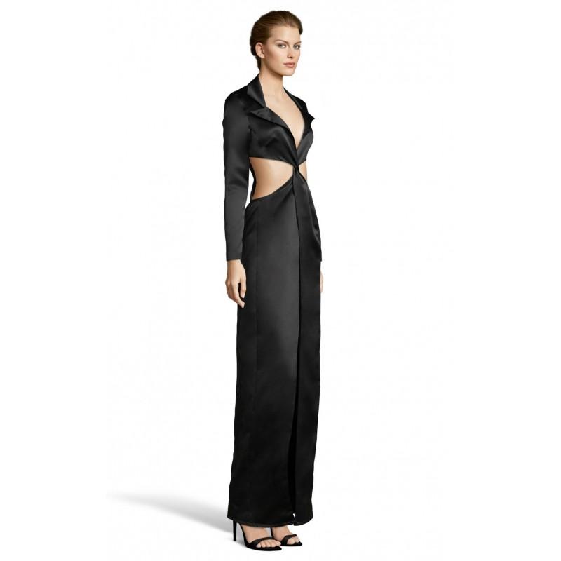 Wedding - Reaux 30001 Vogue Black Floor-Length Long Sleeves Fit & Flare POLO/Turndown Collar Satin Prom Dress - Bridesmaid Dress Online Shop