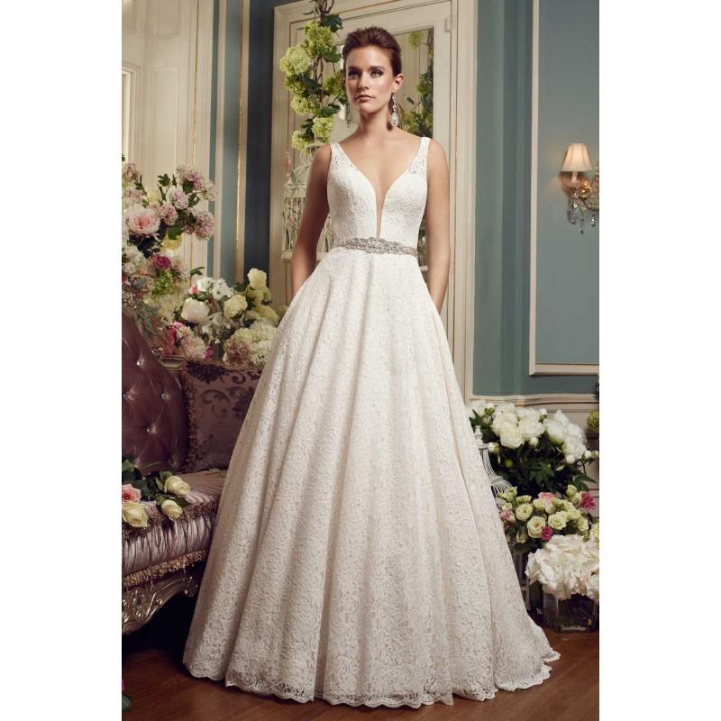 Свадьба - Mikaella Fall/Winter 2017 Style 2167 Lace Chapel Train with Sash Ivory Open Back V-Neck Ball Gown Sleeveless Wedding Dress - Truer Bride - Find your dreamy wedding dress