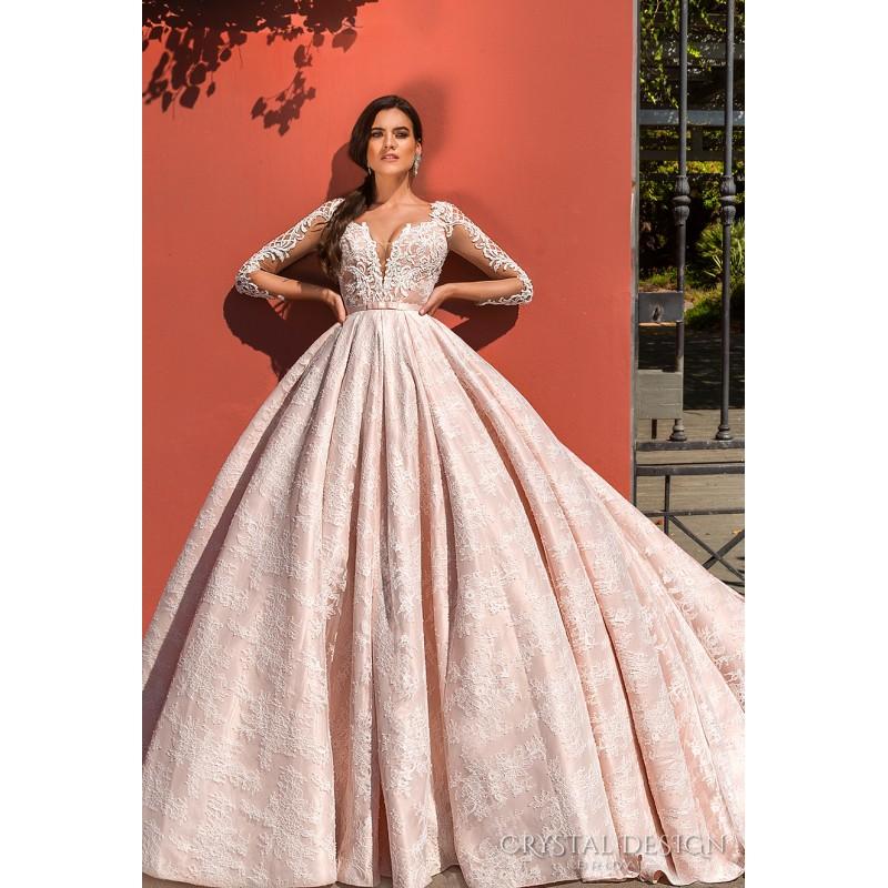 زفاف - Crystal Design 2017 Jovana Ball Gown Sweet Cathedral Train Appliques Pink Lace Long Sleeves Deep Plunging V-Neck Dress For Bride - Customize Your Prom Dress