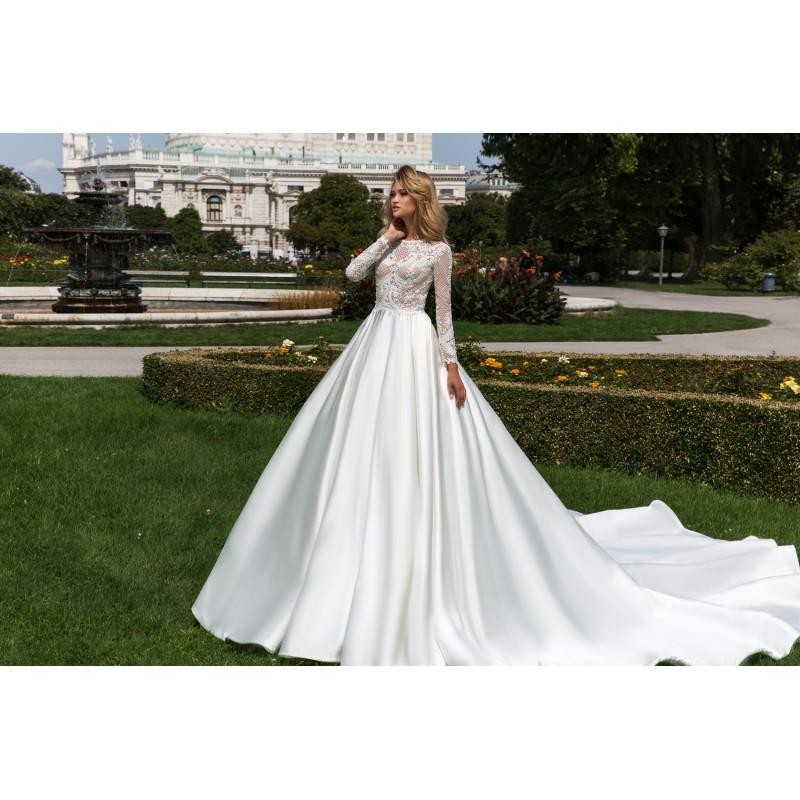 Wedding - Crystal Design 2018 Dilma Royal Train White Elegant Ball Gown Bateau Long Sleeves Beading Hall Winter Satin Wedding Gown - Customize Your Prom Dress
