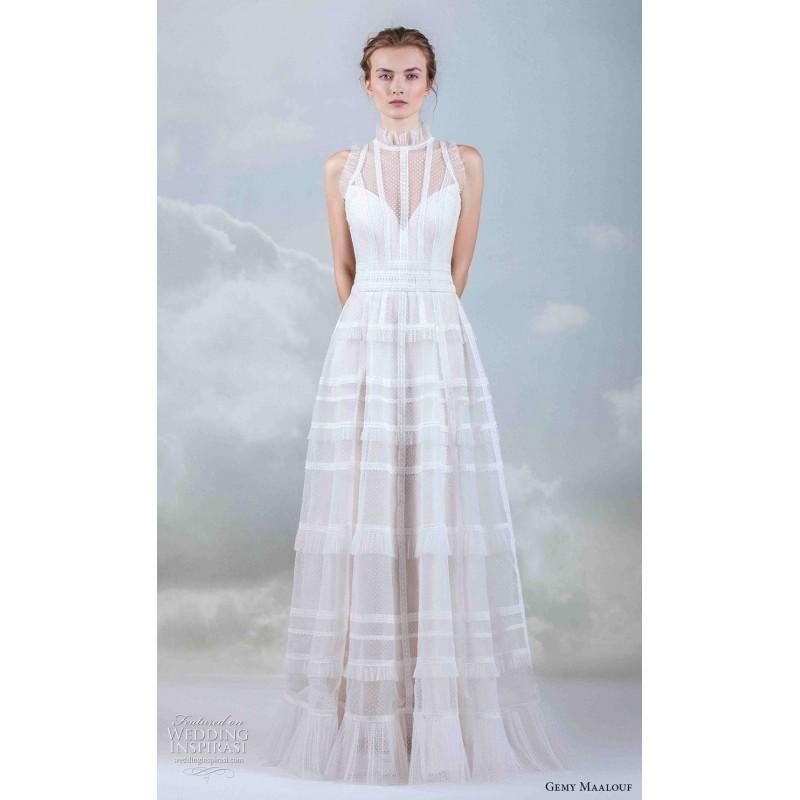 Hochzeit - Gemy Maalouf 2019 Sweet Blush Sweep Train High Neck Aline Sleeveless Tulle Split Front Wedding Dress - Robes de mariée France