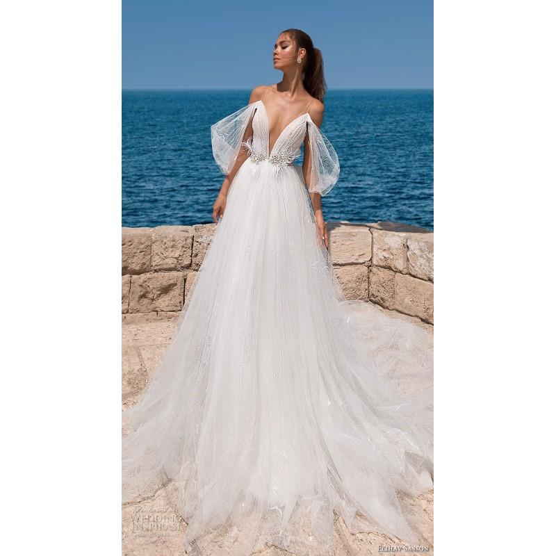Hochzeit - Elihav Sasson 2018 Sweet Chapel Train White Outdoor Spring Off-the-shoulder Hand-made Flowers Aline Tulle Bridal Gown - Designer Party Dress & Formal Gown