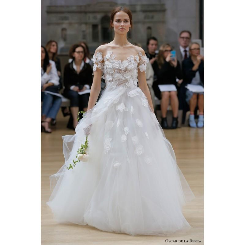 Mariage - Oscar de la Renta Spring/Summer 2018  Linden White Tulle Sweet Sweep Train Ball Gown Illusion Short Sleeves Bridal Gown - Customize Your Prom Dress