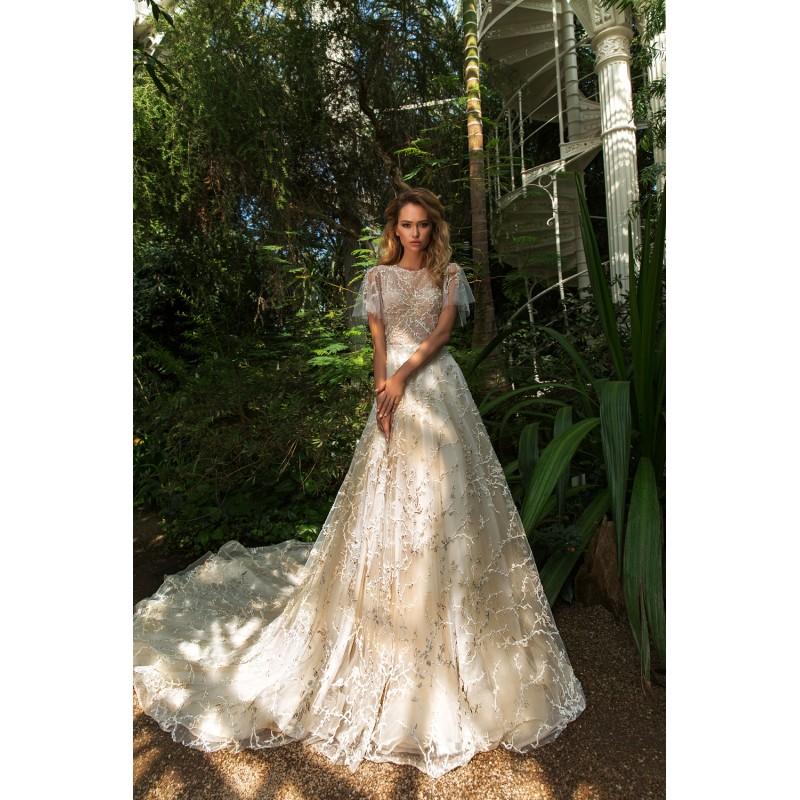 زفاف - Crystal Design 2018 Tammy Vogue Chapel Train Champagne Aline Butterfly Sleeves Bateau Lace Embroidery Wedding Dress - Charming Wedding Party Dresses