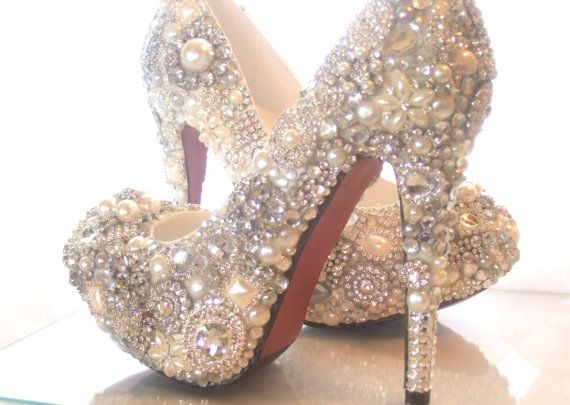 Hochzeit - Cinderellas Wish... Crystal, Glass And Pearl Covered High Heels .. Wedding Bespoke Custom Design .. FREE Postage Within The USA