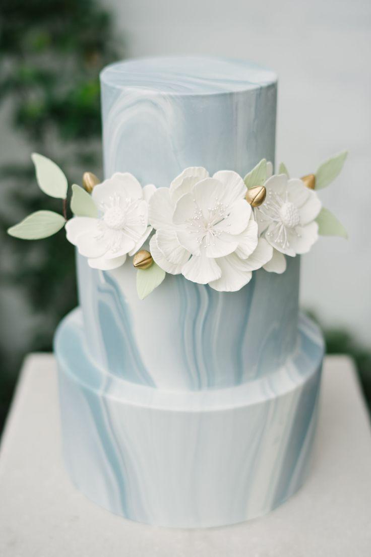Wedding - Blue And White Marble Wedding Cake With White Flowers And Greenery For A Modern, Industrial Wedding 