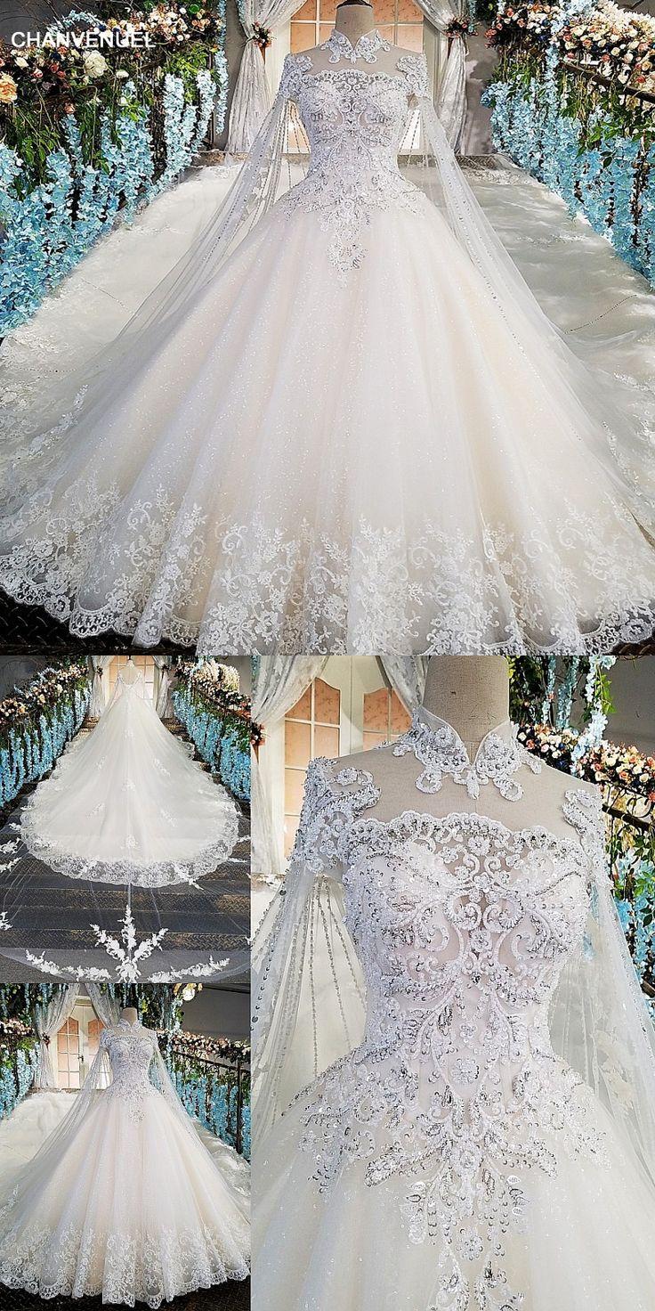 Wedding - LS00169 Luxury Wedding Gowns With Cape Beaded Ball Gown Short Sleeves High Neckine Lace Vestido De Noiva Princesa Real Photos 