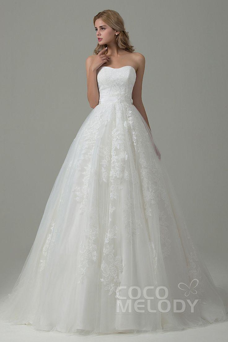 زفاف - A-Line Sweetheart Natural Court Train Tulle And Lace Sleeveless Wedding Dress With Appliques And Sashes B14E3A024