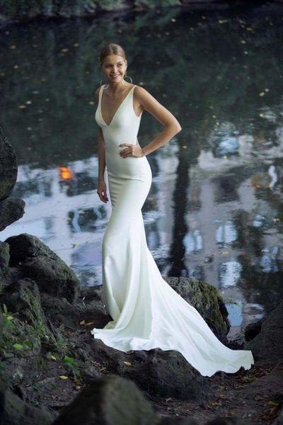 Mariage - Ivory Beach Mermaid Wedding Dresses, Sexy Deep V Neck Simple Elegant Bridal Gowns From MissZhu Bridal
