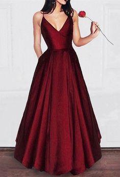 زفاف - Simple Satin Long Burgundy Prom Dresses With Pocket,Dark Red Spaghetti Straps Cheap Prom Party Gowns