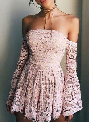 Свадьба - Sweet Pink Lace Off The Shoulder Homecoming Dress,Long Sleeves Mini Homecoming Graduation Dress,Strapless Short Prom Party Dress For Teens From SexyPromDress