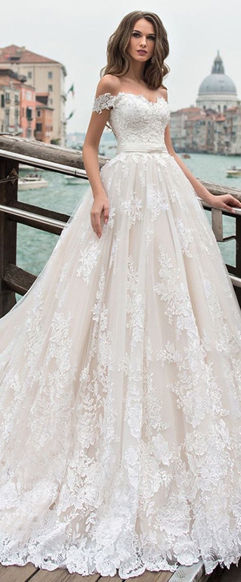 زفاف - Fantastic Tulle Off-the-shoulder Neckline A-line Wedding Dress With Lace Appliques & Beadings #weddinggowns 
